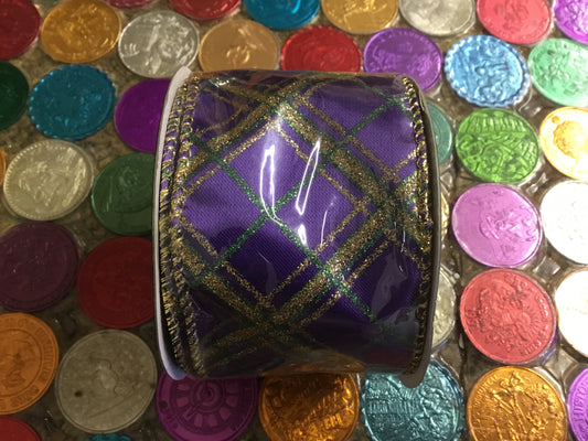 2.5” Purple Ribbon w/Plaid Green & Gold Glitter wired