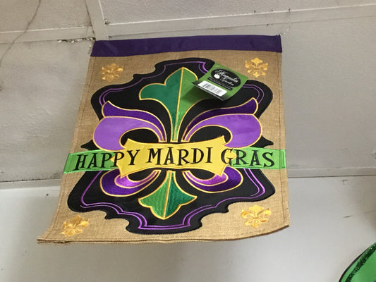 BURLAP HAPPY MARDI GRAS GARDEN FLAG