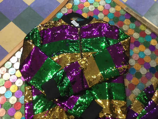 MARDI GRAS SEQUIN STRIPE BOMBER JACKET