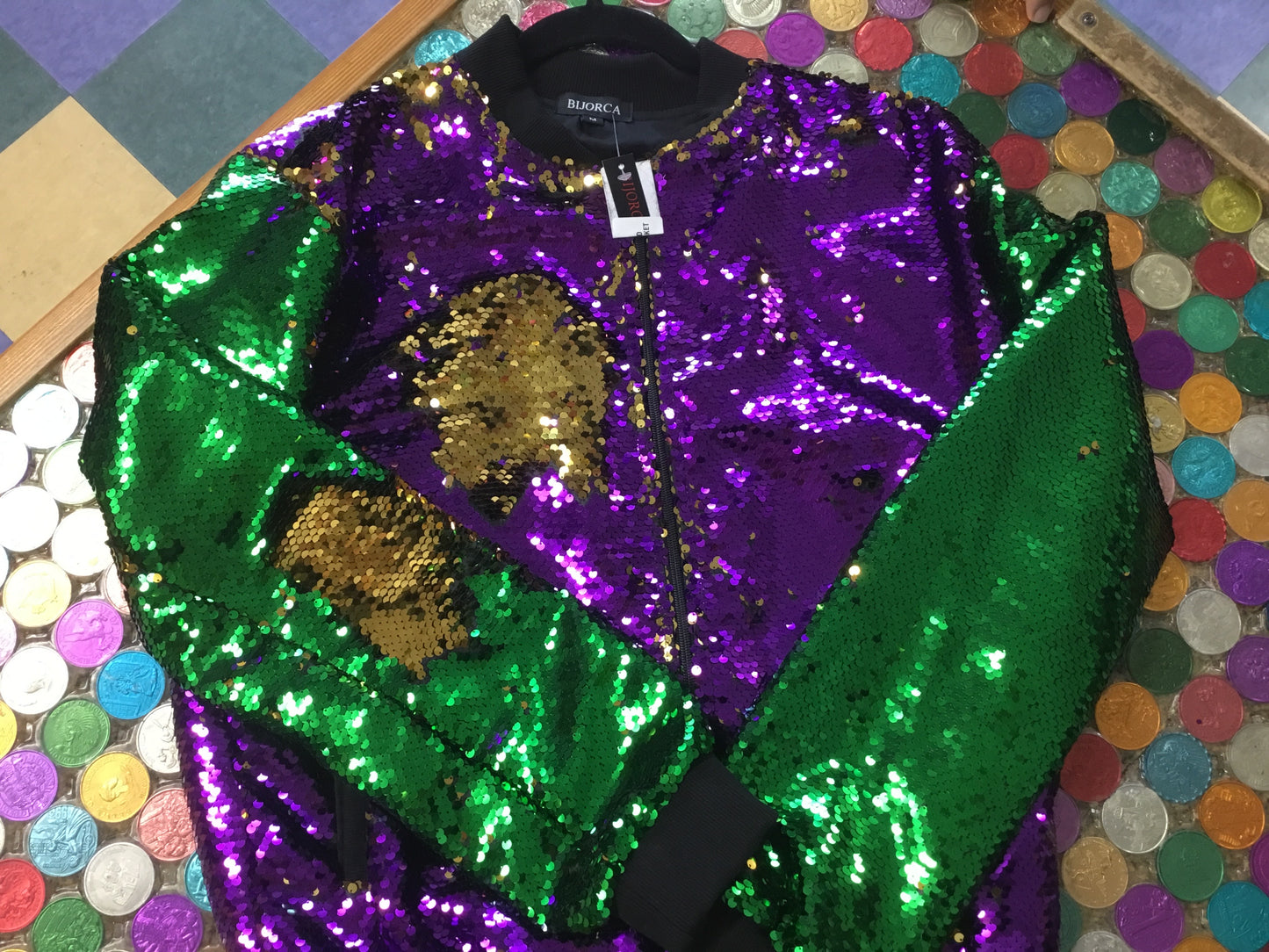 MARDI GRAS SOLID SEQUIN BOMBER JACKET W/POCKETS