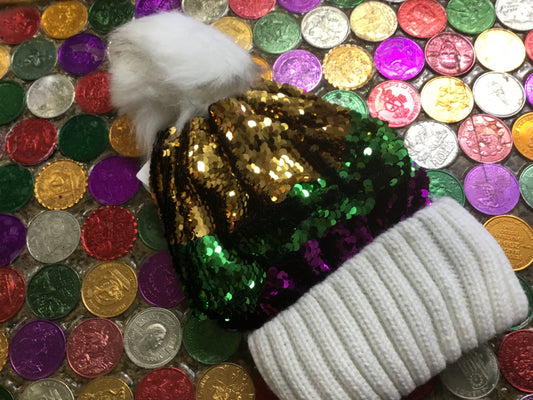 MARDI GRAS SEQUIN WHITE BEANIE WITH WHITE POM POM