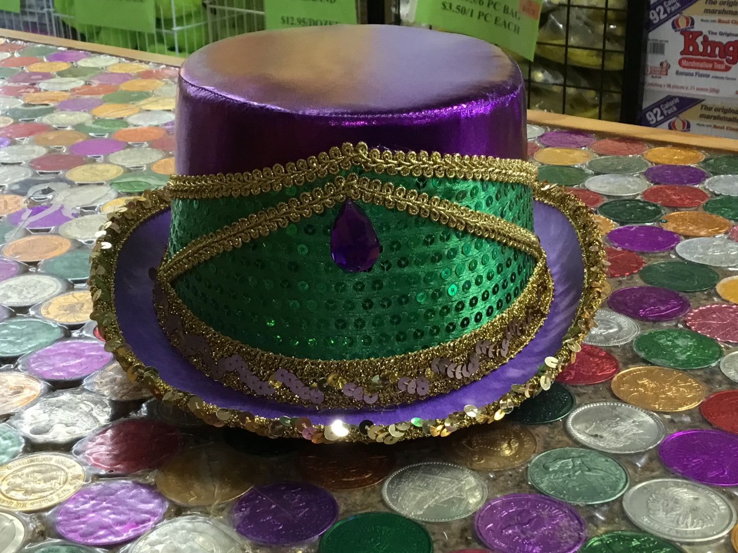 MARDI GRAS TOP HAT W/GOLD TRIM & SEQUINS