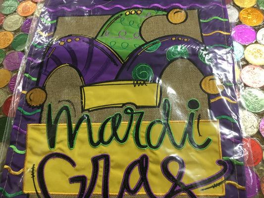 MARDI GRAS JESTER HAT WITH BURLAP GARDEN FLAG