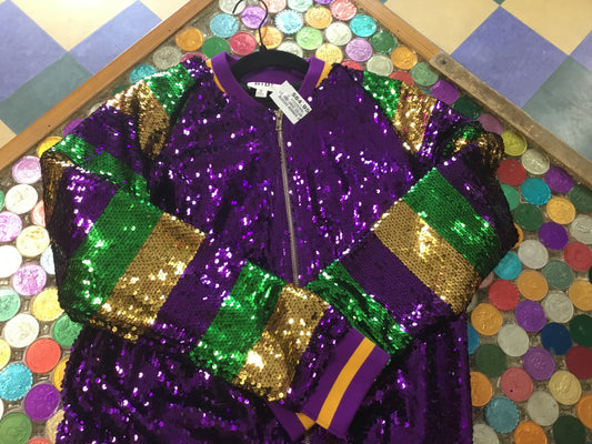 MARDI GRAS COLOR BLOCK SLEEVES BOMBER JACKET