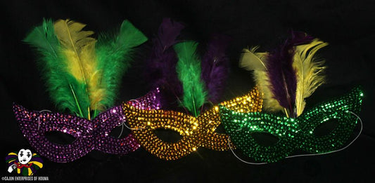 SEQUIN MARDI GRAS MASK w/FEATHERS