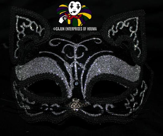 BLACK CAT MASK w/SILVER GLITTER